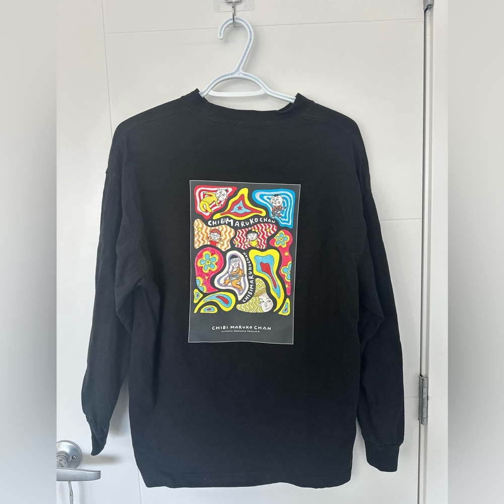GU Chibi Maruko-chan Graphic Long Sleeve Tee Black Oversized Anime Shirt Size L